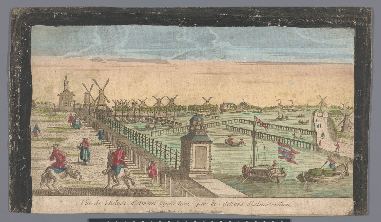 Utsikt over Hogesluis mot Buiten-Amstel, Amsteldijk og møllene ved Zaagmolensloot i Amsterdam Vue de l