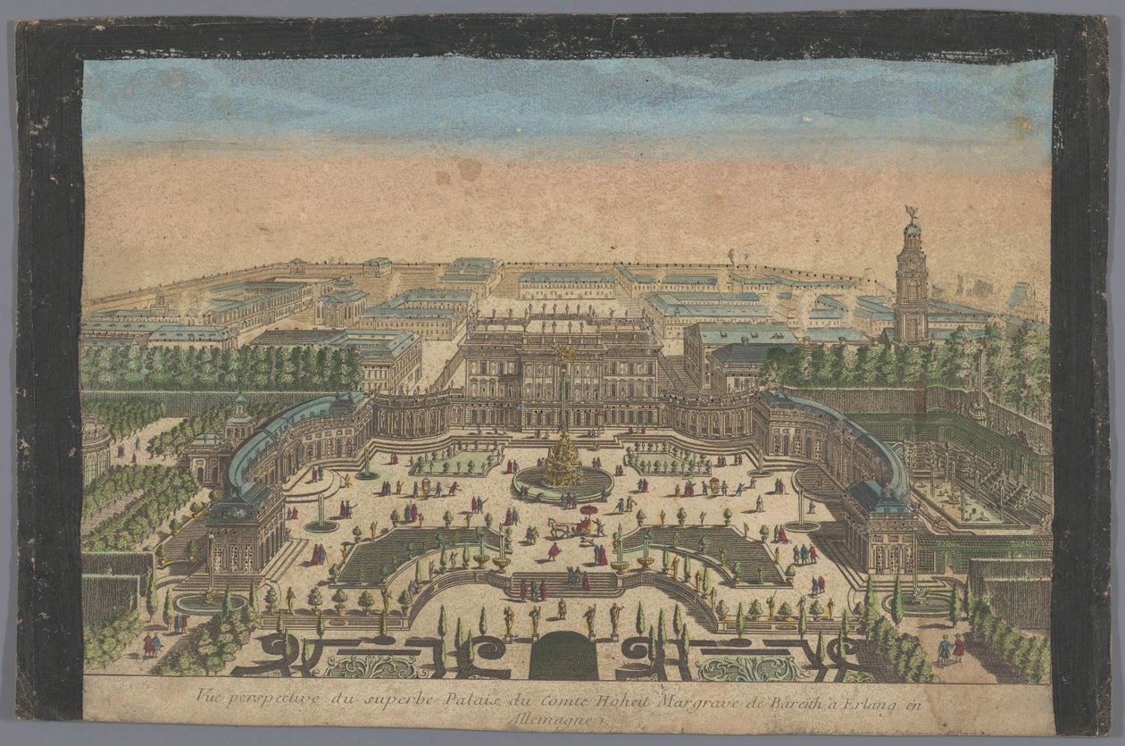 Utsikt over palasset til markgreven av Bayreuth ved Erlang Vue perspective du superbe palais du comte hoheit margrave de Bareith à Erlang en Allemagne (tittel på objekt) av Basset