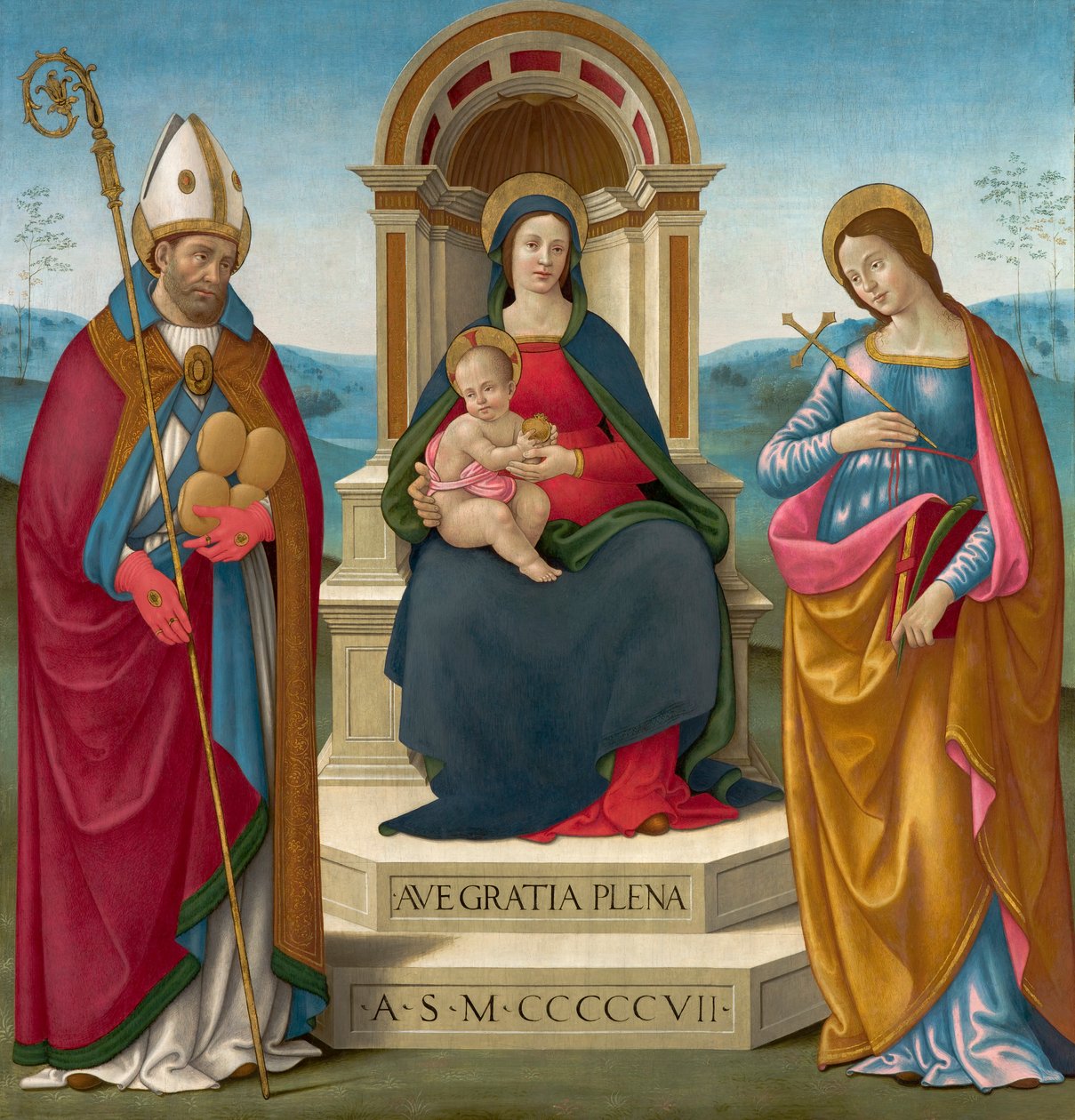 Madonna og barn med St. Justus av Volterra og St. Margaret av Antiokia av Bastiano Mainardi