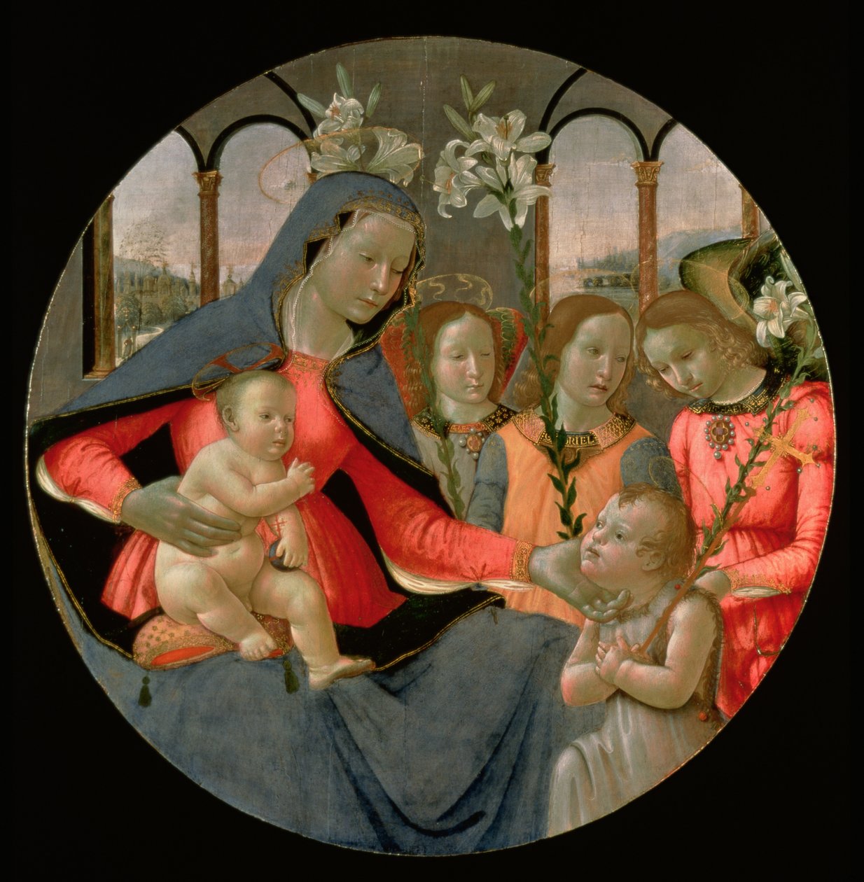 Jomfru og barn med døperen Johannes og de tre erkeenglene, Rafael, Gabriel og Mikael (tempera på panel) av Bastiano Mainardi