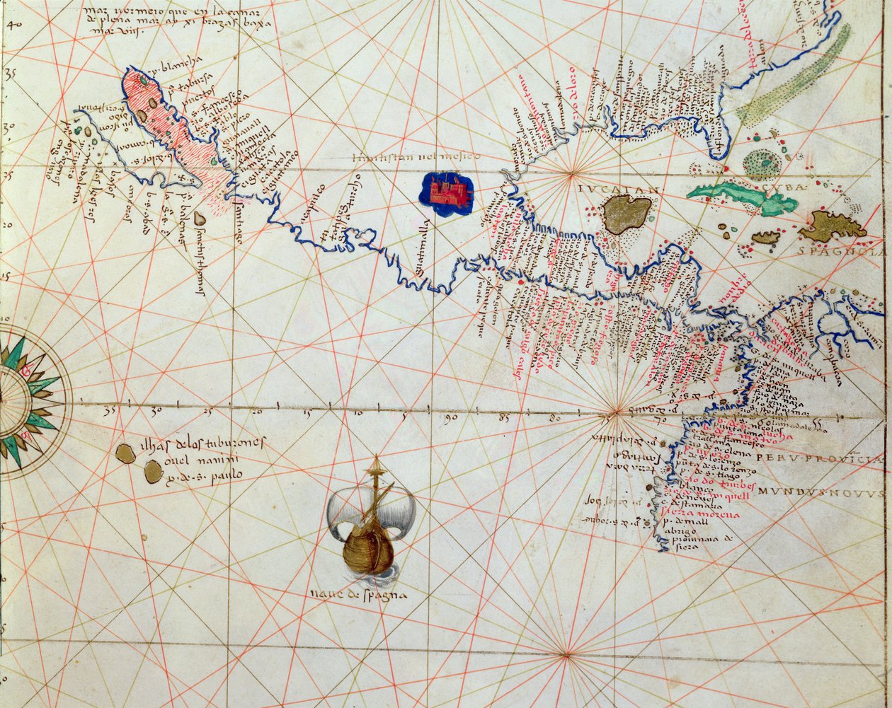 Mellom-Amerika, fra et verdensatlas i 33 kart, Venezia, 1. september 1553 (blekk på vellum) (detalj fra 330960) av Battista Agnese