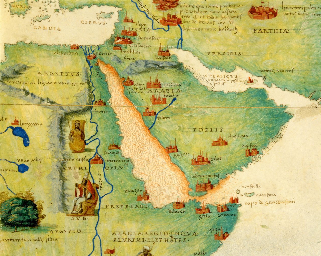 Etiopia, Rødehavet og Saudi-Arabia, fra et verdensatlas i 33 kart, Venezia, 1. september 1553 (blekk på vellum) (detalj fra 330946) av Battista Agnese
