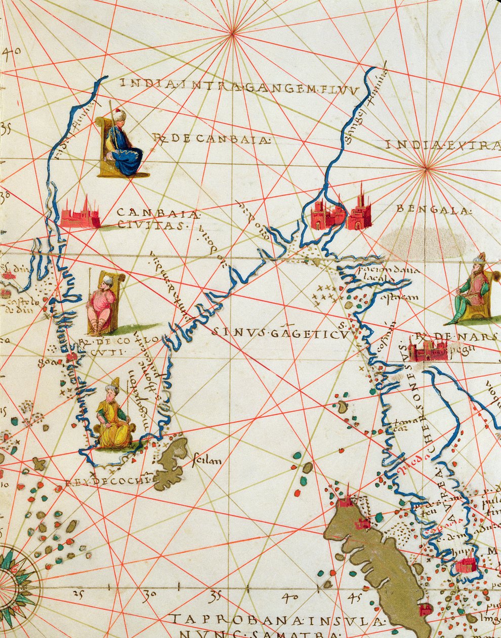 India og Malaysia, fra et verdensatlas i 33 kart, Venezia, 1. september 1553 (blekk på vellum) (detalj fra 330955) av Battista Agnese
