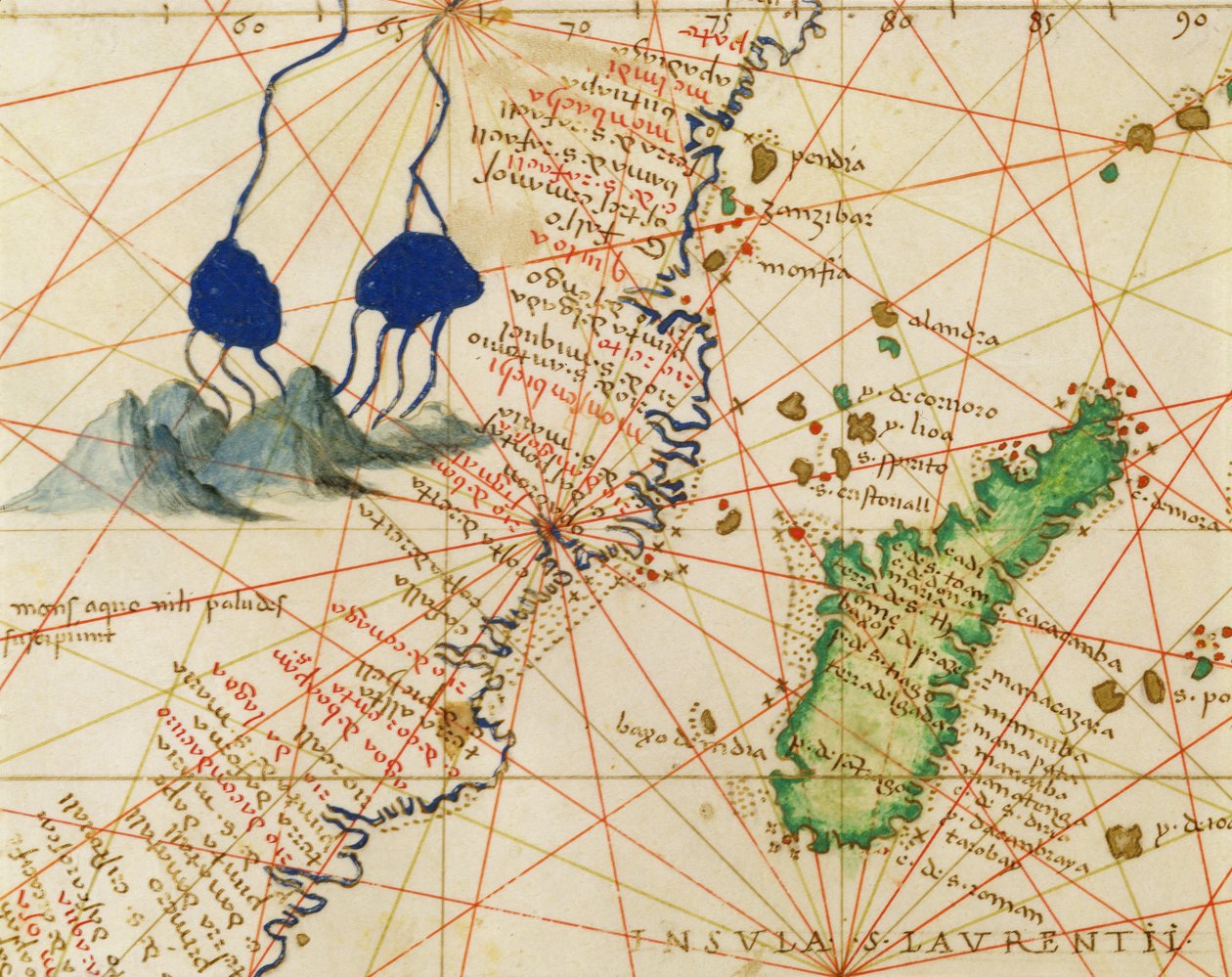 Madagaskar, fra et verdensatlas på 33 kart, Venezia, 1. september 1553 (blekk på vellum) (detalj fra 330955) av Battista Agnese