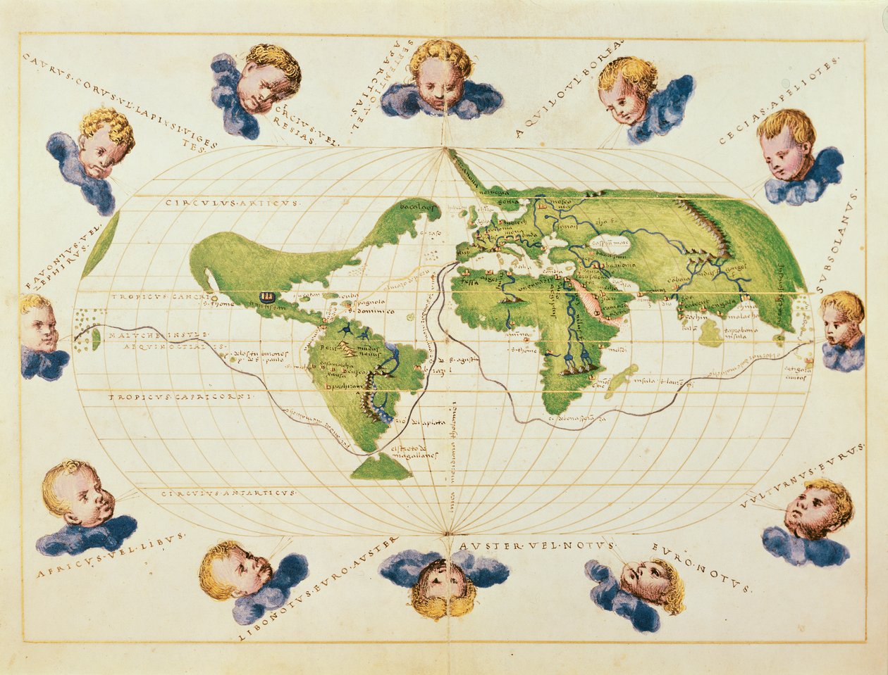 Kart over Magellans reise rundt om i verden, ca. 1540 (manuskript på vellum) av Battista Agnese