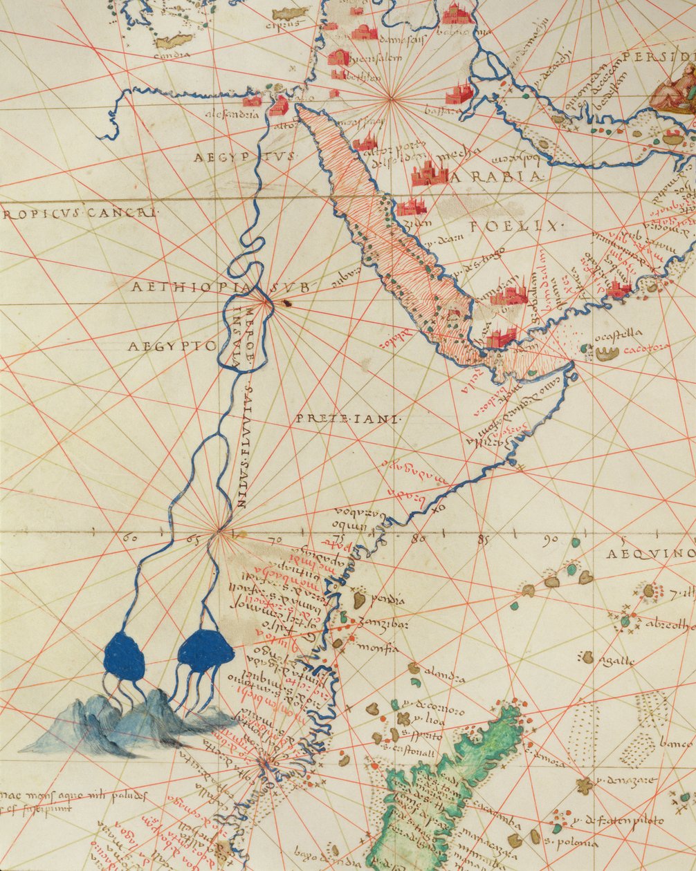 En del av Afrika, fra et verdensatlas i 33 kart, Venezia, 1. september 1553 (blekk på vellum) (detalj fra 330955) av Battista Agnese