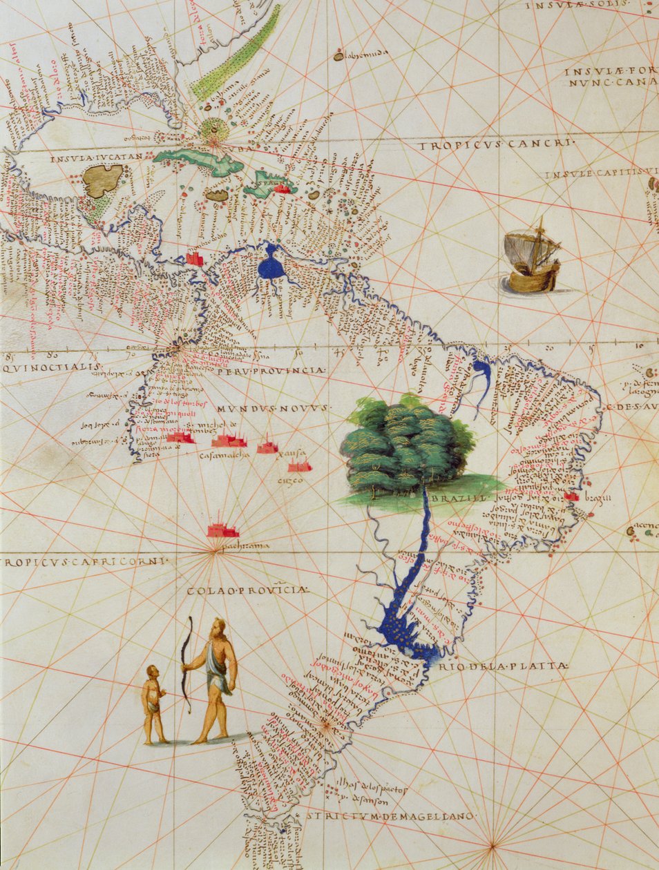 Sør-Amerika, fra et verdensatlas i 33 kart, Venezia, 1. september 1553 (blekk på vellum) (detalj fra 330959) av Battista Agnese