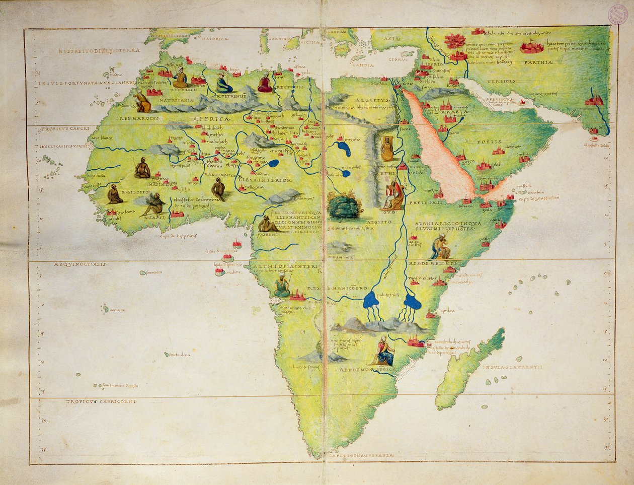Afrikas kontinent, fra et verdensatlas i 33 kart, Venezia, 1. september 1553 (blekk på vellum) (se også 330947) av Battista Agnese