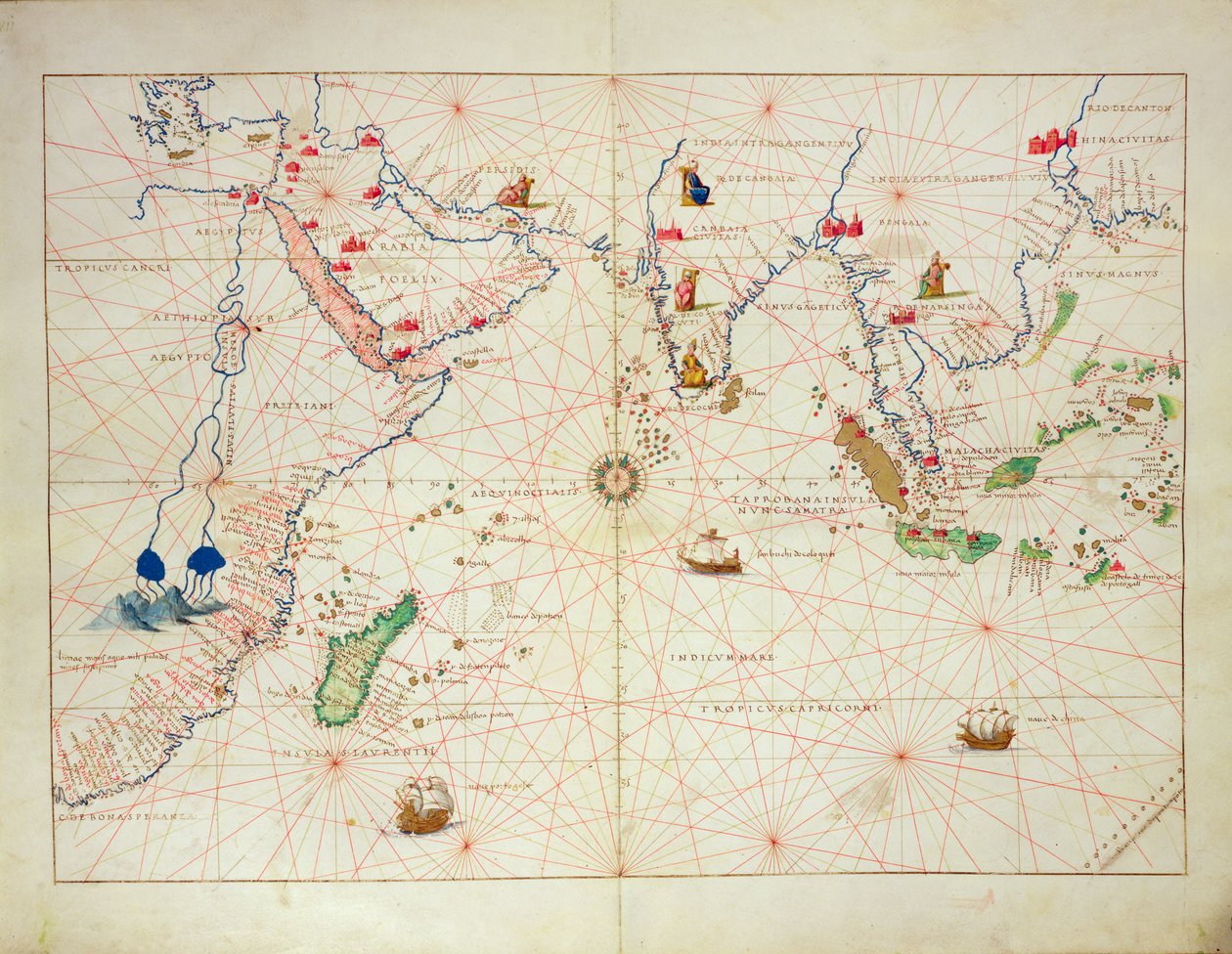 Det indiske hav, fra et verdensatlas i 33 kart, Venezia, 1. september 1553 (blekk på vellum) (se også 330956) av Battista Agnese