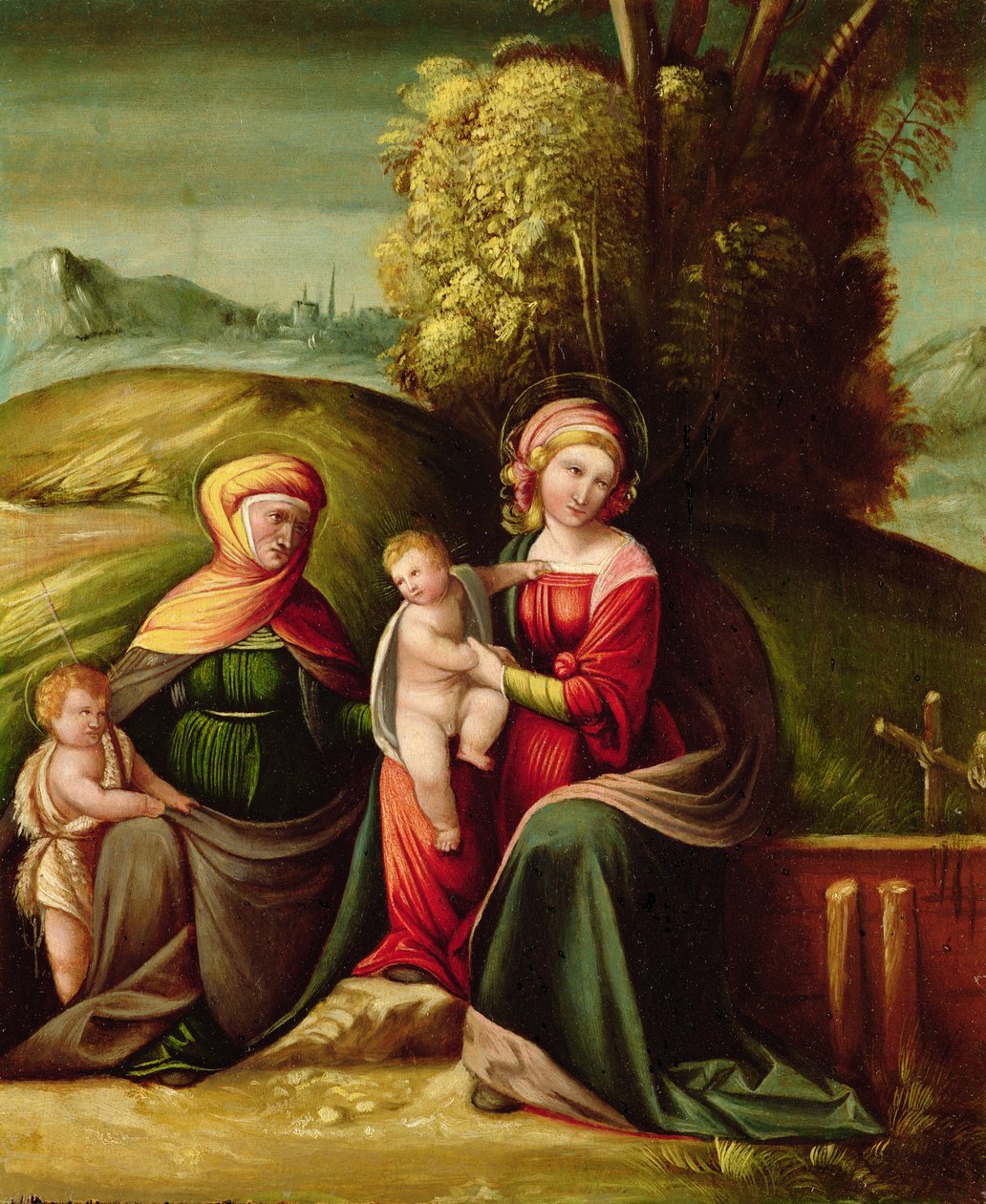 Jomfruen og barnet med St. Elizabeth og St. John i et landskap av Battista Dossi
