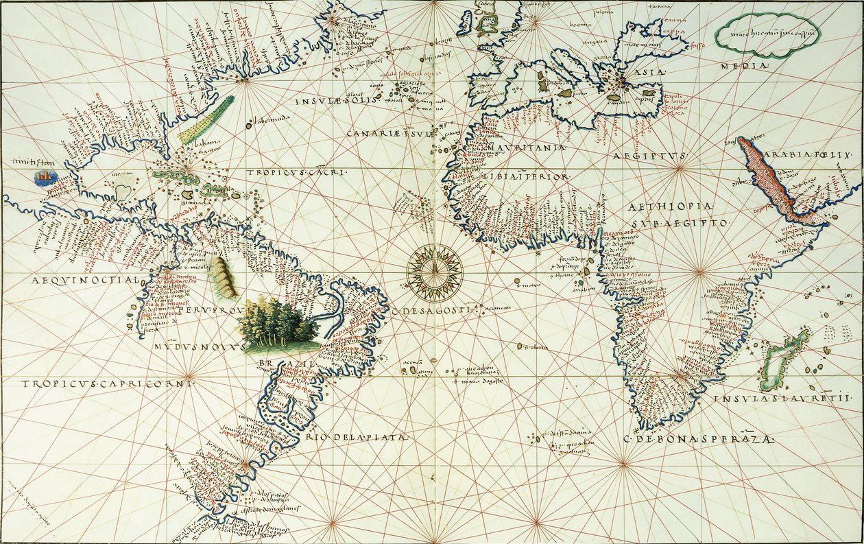 Et dobbeltsidet kart over Atlanterhavet, som viser østkysten av Nord- og Sør-Amerika, 1544 av Battista Agnese