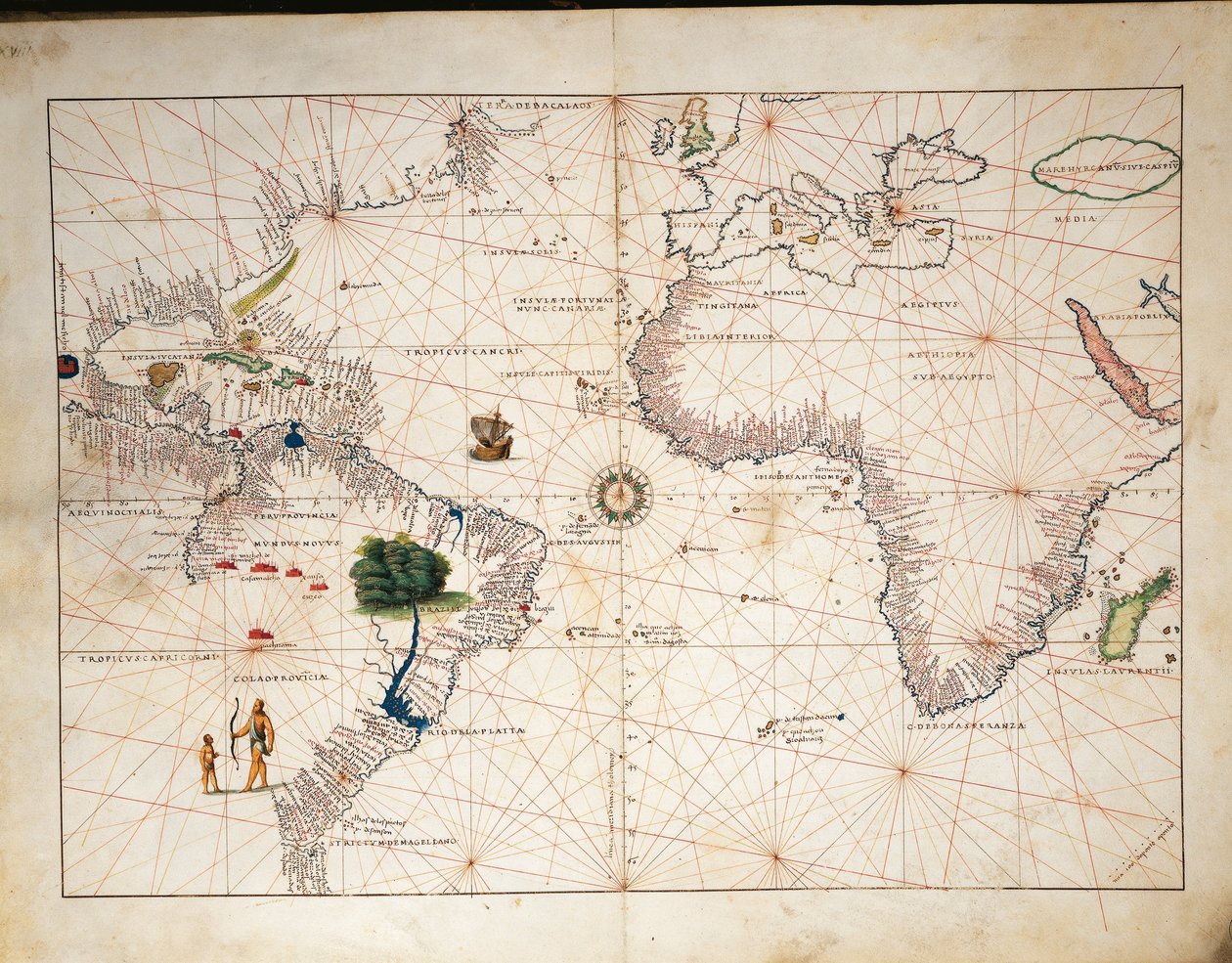 Afrika, Europa og en del av Amerika, fra Atlas of the World i trettitre kart, av Battista Agnese av Battista Agnese
