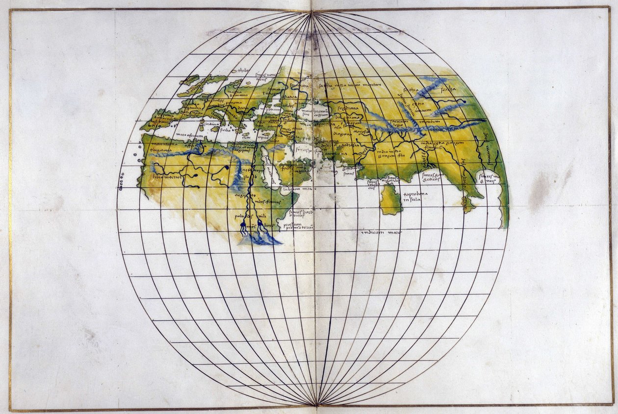 Eger. 2854. f.14v-15 Halvkulekart over den gamle verden, fra Europa og Afrika til India; viser divisjonene til Ptolemaios, ca. 1540 (vellum) av Battista Agnese