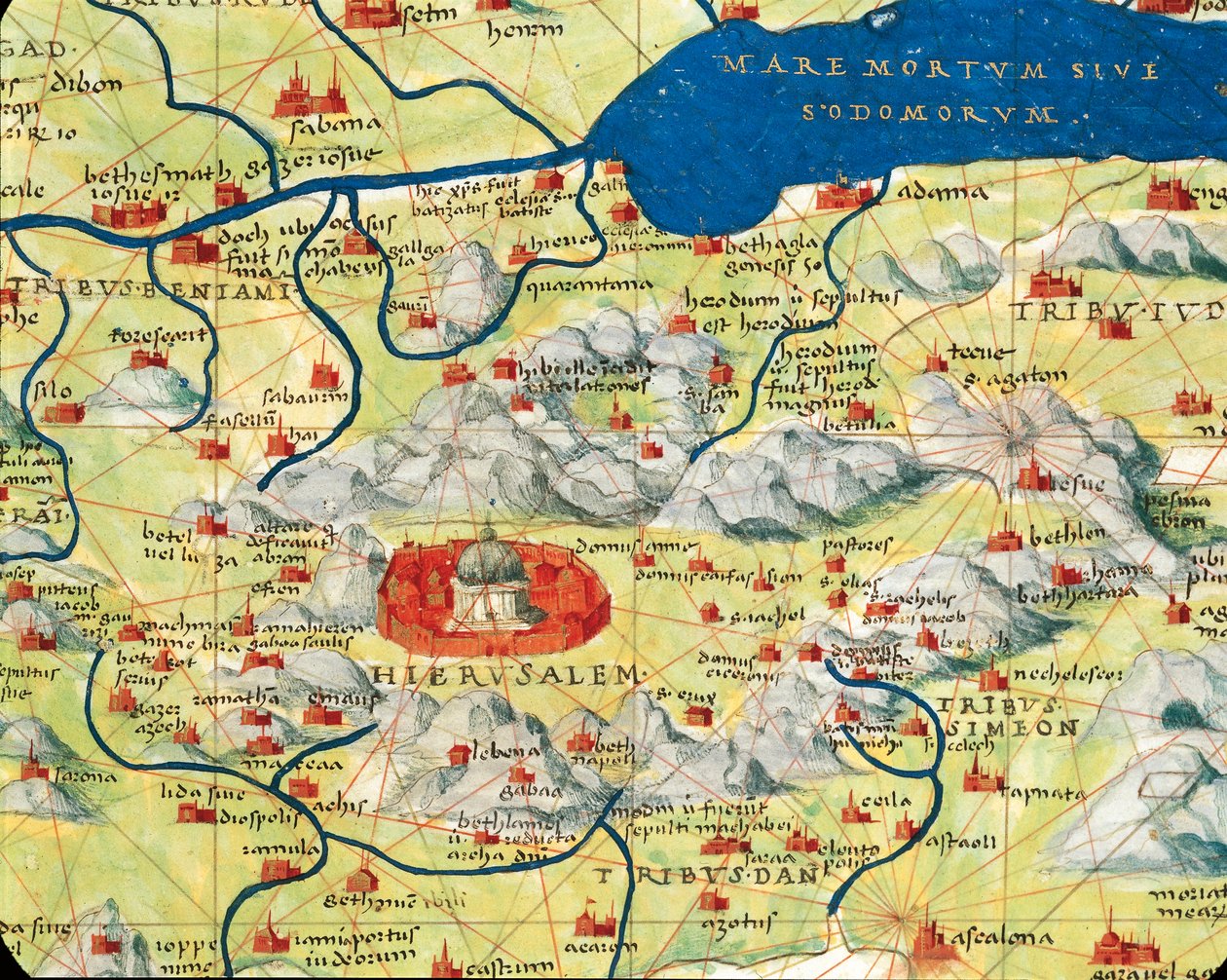 Det hellige land, Israel og Palestina: Jerusalem og Dødehavet, fra Atlas of the World i trettitre kart, av Battista Agnese av Battista Agnese