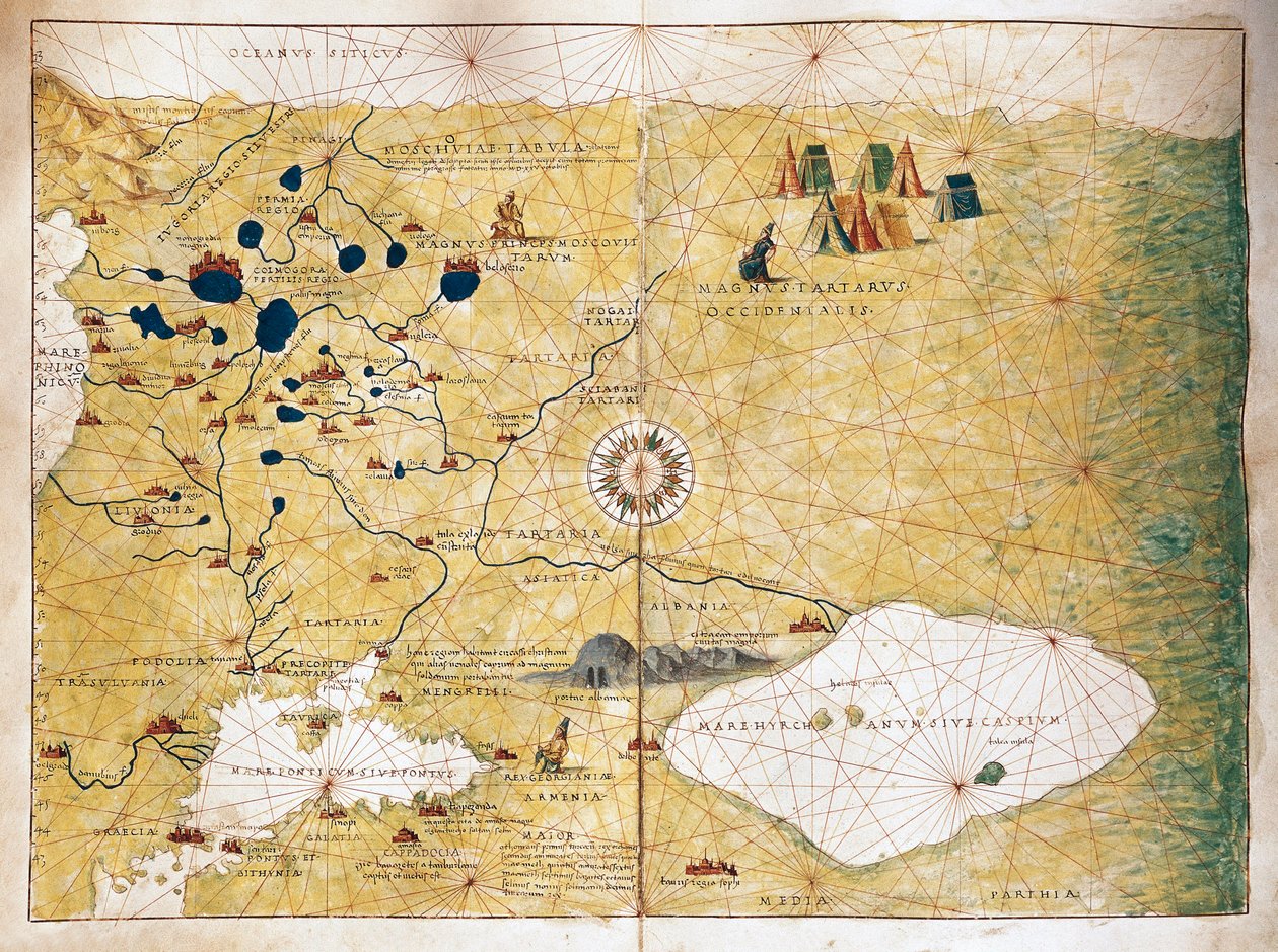 Moschoviae Tabula, kart over Russland og europeiske byer langs Volga-elven av Battista Agnese