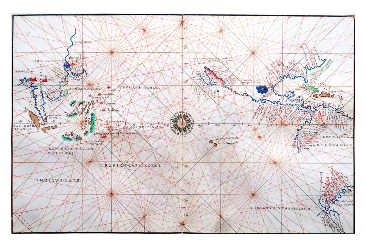 Navigasjonskart som viser Kina, Ceylon og Filippinene og Kreftens og Steinbukkens troper, ca. 1540 av Battista Agnese
