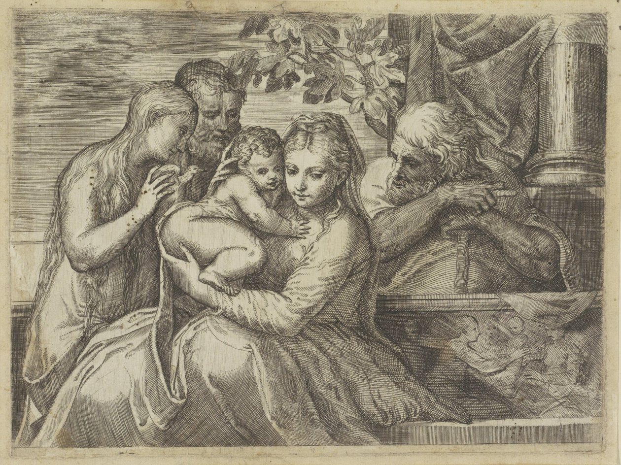 Hellig familie med hellige av Battista Angolo del Moro (attributed to)