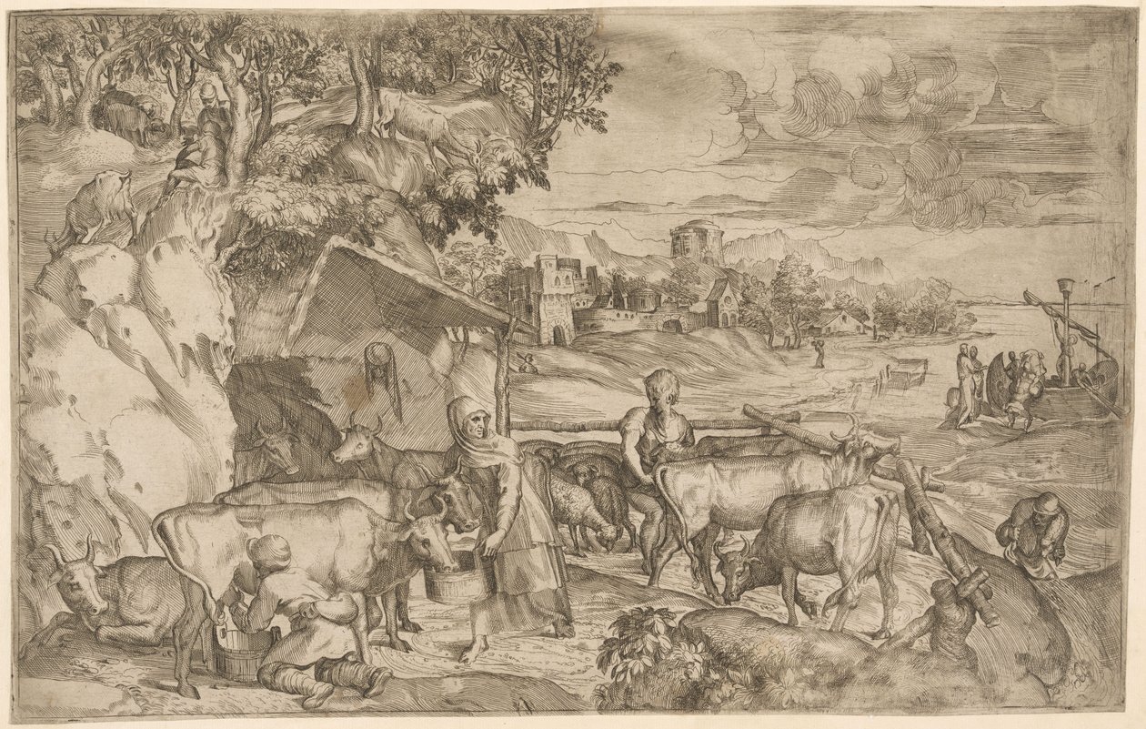 Landskap med storfe av Battista Angolo del Moro