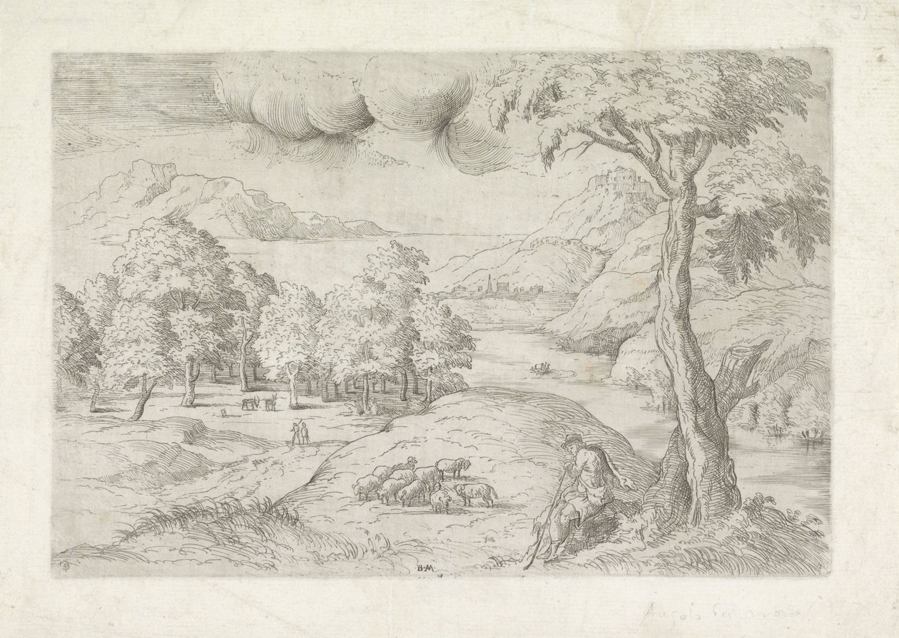 Panoramalandskap med ruiner, en by og reisende Landschap møtte gjeter av Battista Angolo del Moro