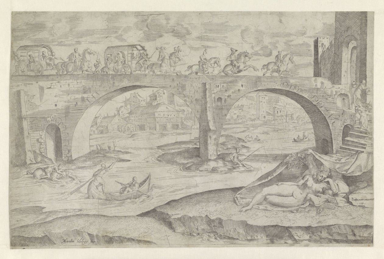 Venus og Amor i bybilde med en bro av Battista Angolo del Moro