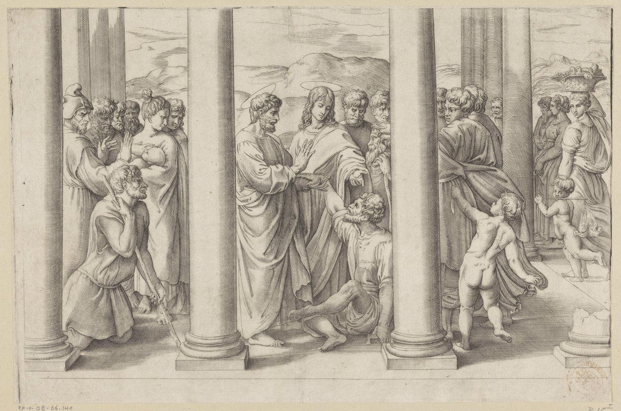 Sankt Peter og Johannes helbreder en lammet i et tempel av Battista Franco