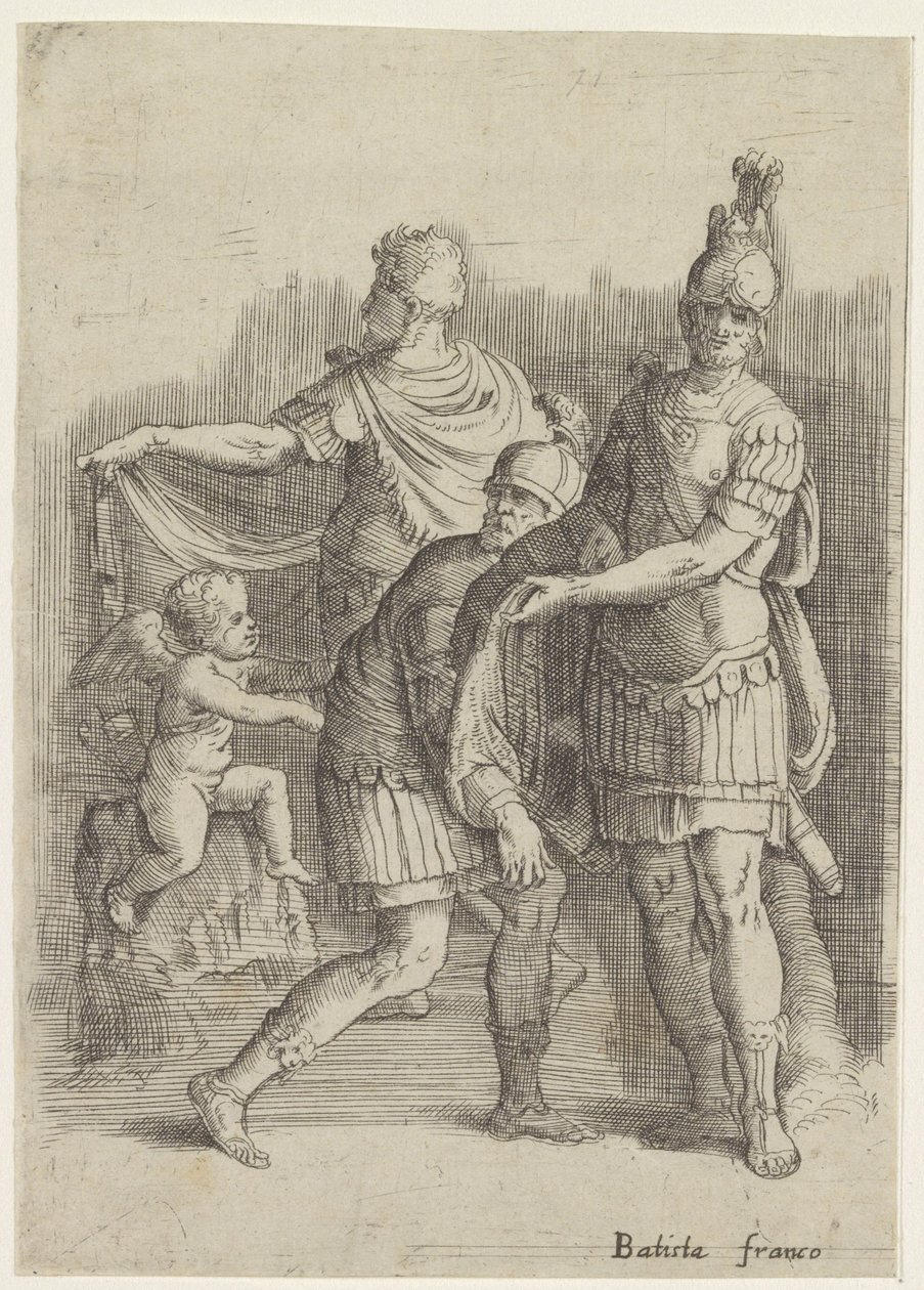 Tre soldater og en putto av Battista Franco