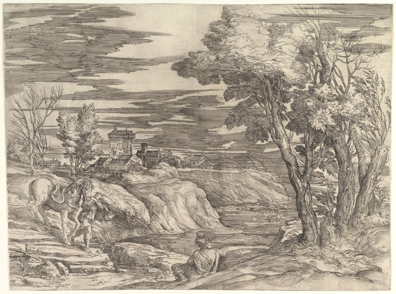 Landskap med en rytter og hans brudgom, ca. 1552-61. av Battista Franco Veneziano