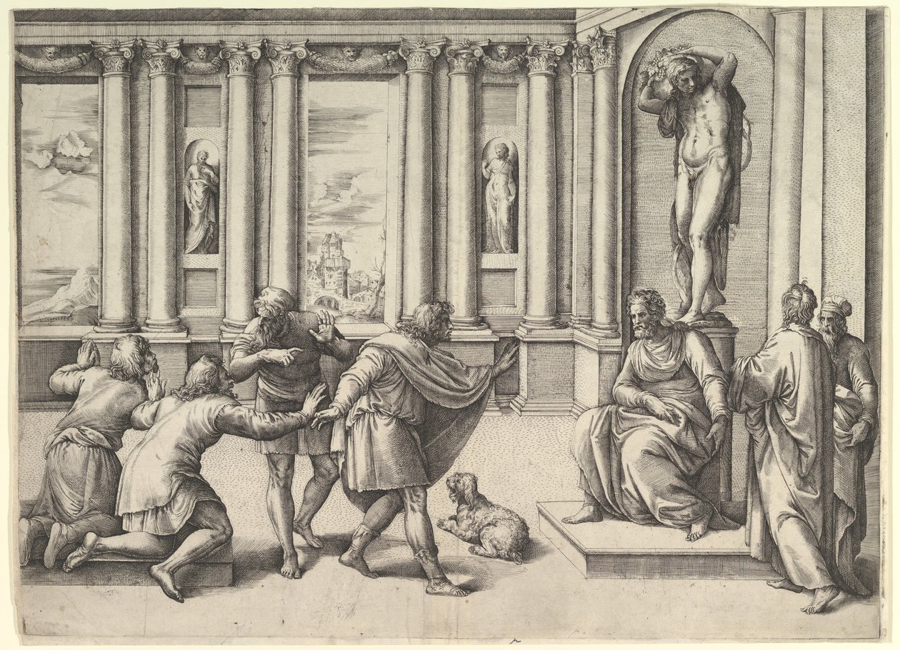 Mann som sitter under en statue av Bacchus, mottar et publikum, ca. 1530-61. av Battista Franco Veneziano