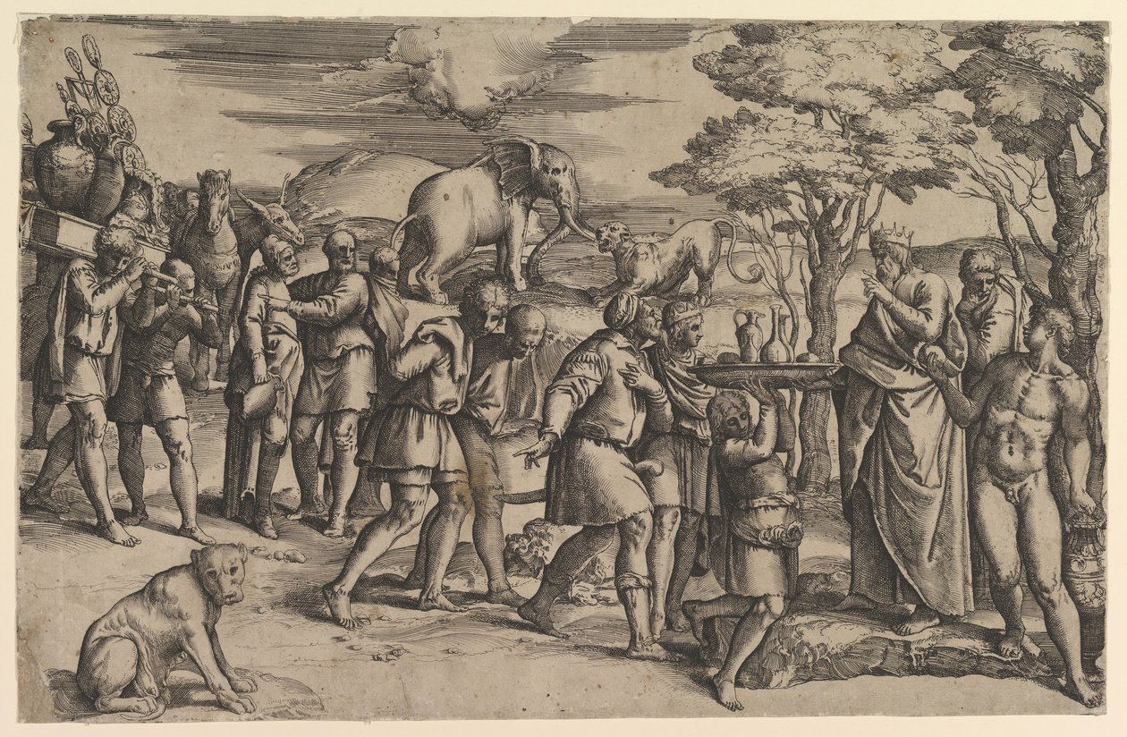 Melkisedek tilbyr brød og vin til Abraham, ca. 1547. av Battista Franco Veneziano