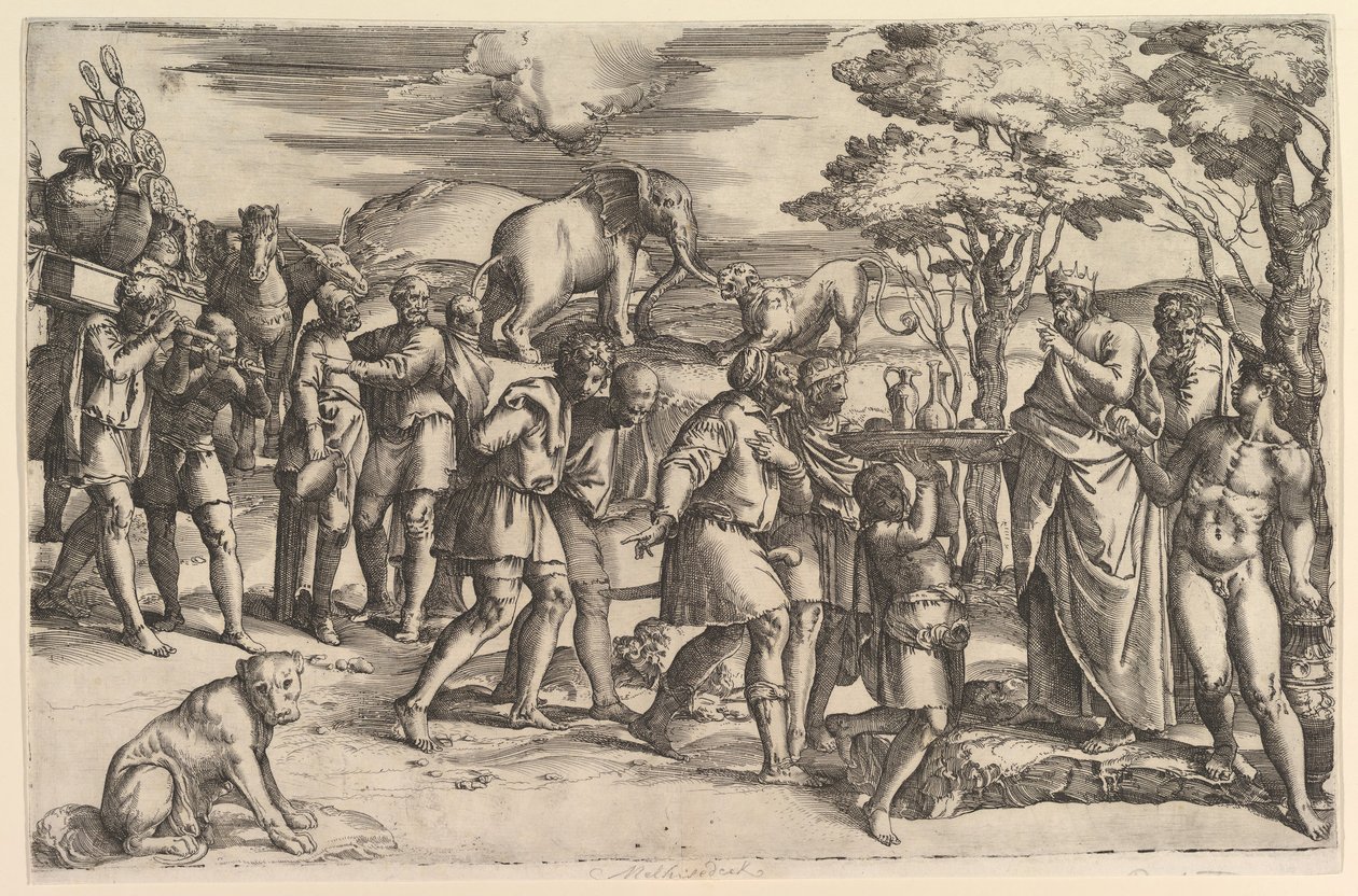 Melkisedek tilbyr brød og vin til Abraham, ca. 1547. av Battista Franco Veneziano