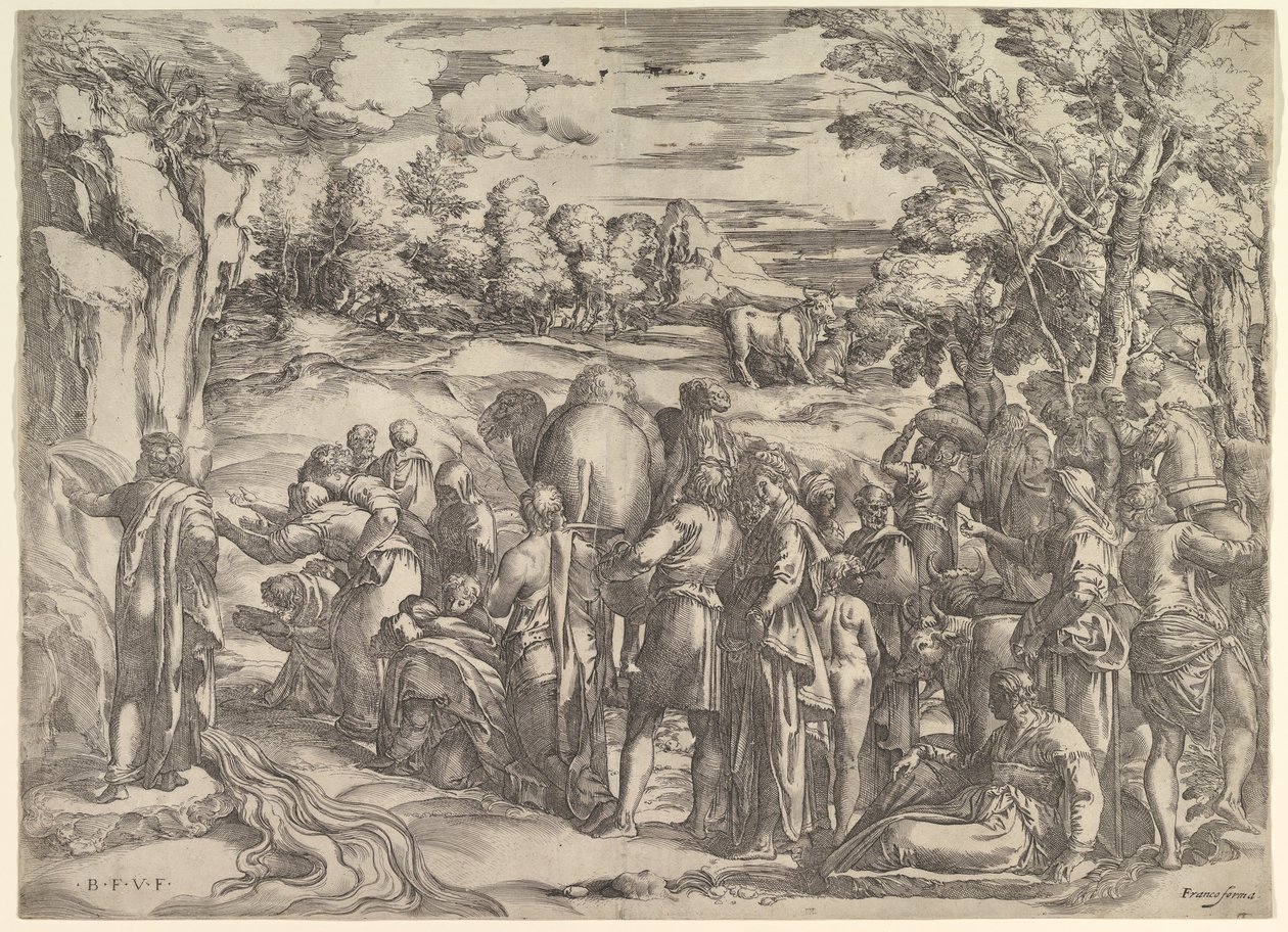 Moses trekker vann fra klippen, til venstre med vann som strømmer, forskjellige figurer og ..., ca. 1552-61. av Battista Franco Veneziano