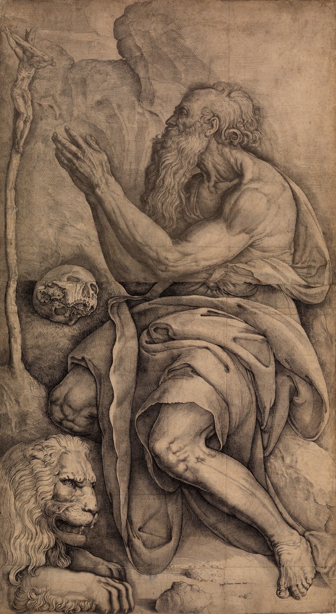 Saint Hieronymus kneler foran et krusifiks, med hodeskalle og løve, ca. 1550-60. av Battista Franco Veneziano