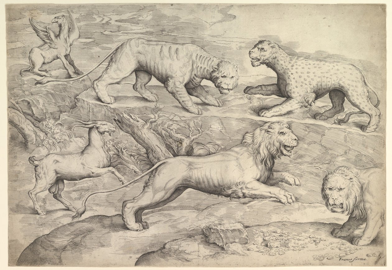 Seks dyr, inkludert løver, en tiger, en leopard, en griffin og en geit, ca. 1530-61. av Battista Franco Veneziano