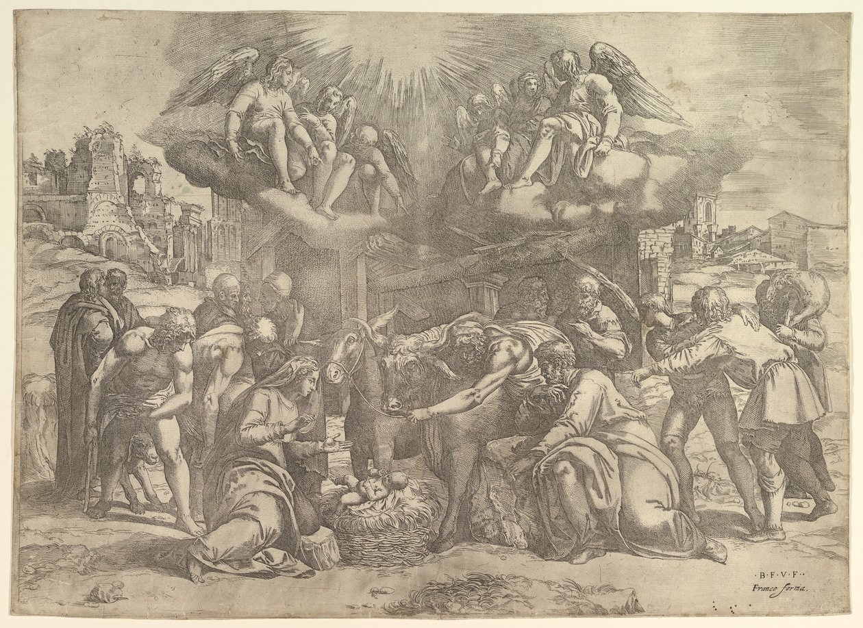 Hyrdenes tilbedelse med engler over hodet, ca. 1530-61. av Battista Franco Veneziano