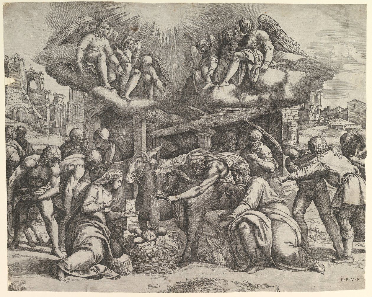 Hyrdenes tilbedelse med engler over hodet, ca. 1530-61. av Battista Franco Veneziano
