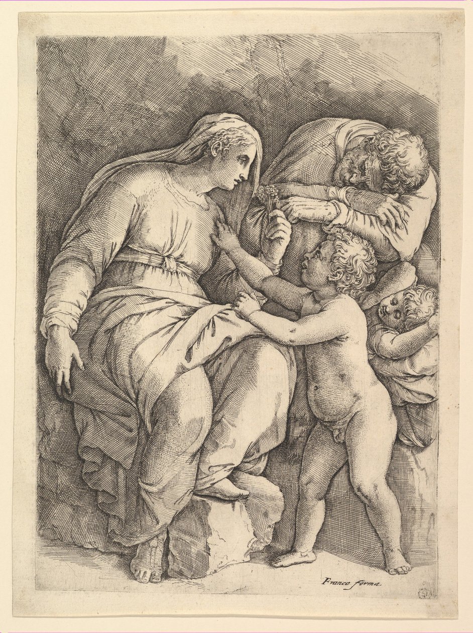 Den hellige familie. av Battista Franco Veneziano