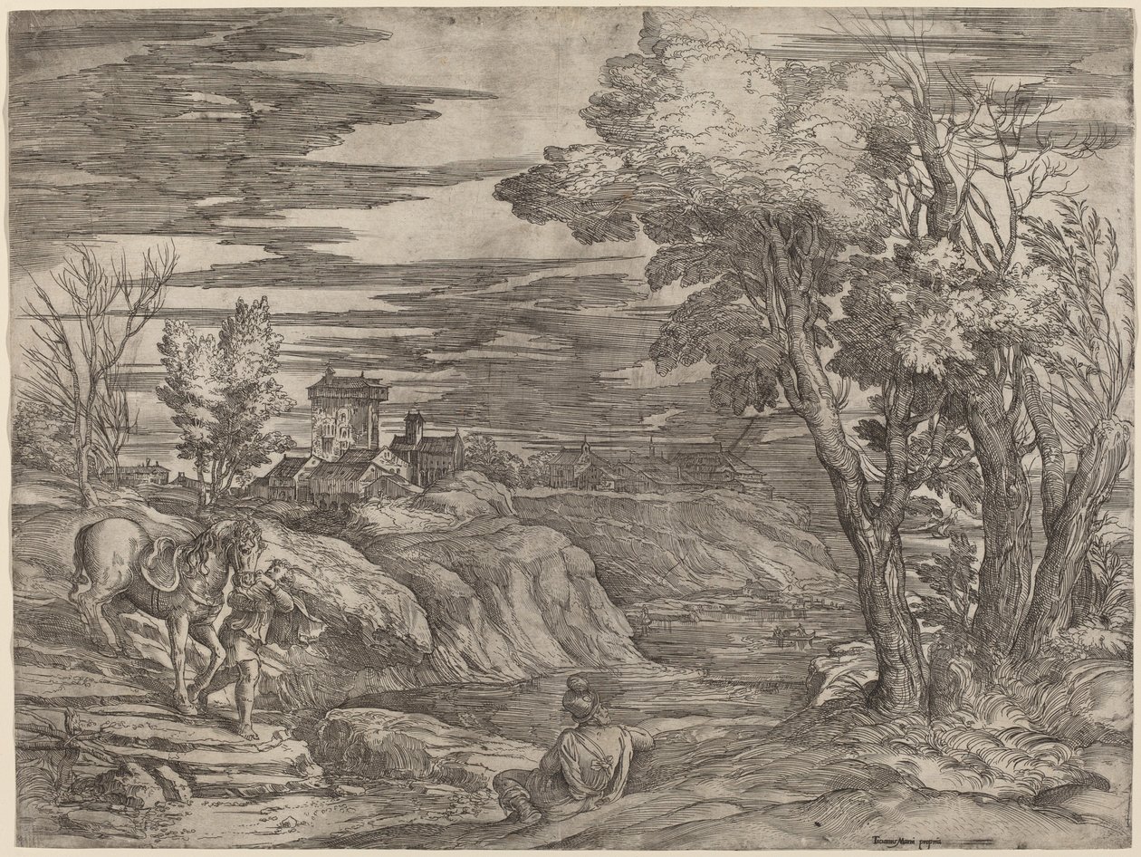 Landskap med en mann som leder en hest av Battista Franco after Titian