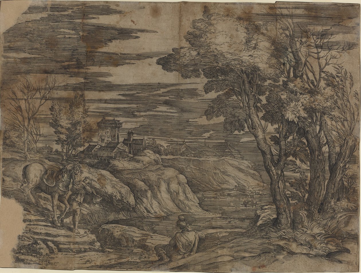 Landskap med en mann som leder en hest av Battista Franco, after Titian