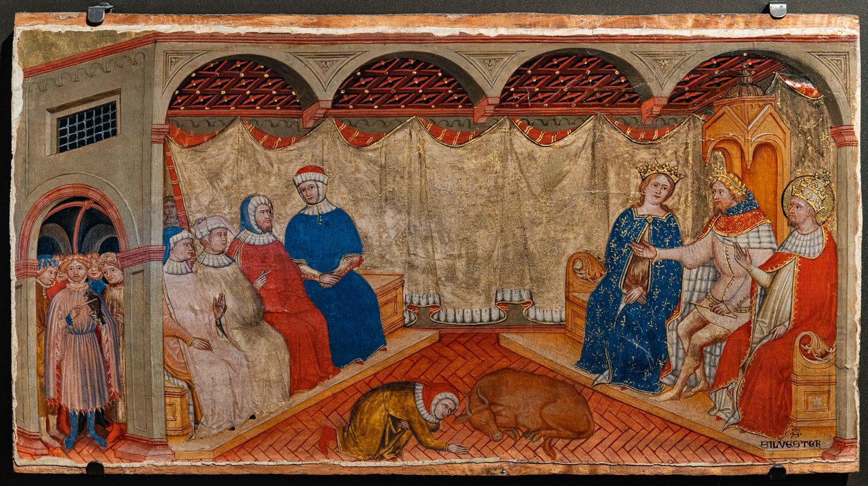 Tvist mellom St. Sylvester og Roma-rabbinerne i nærvær av Costantine og Helen (tempera på panel) av Battista da Vicenza