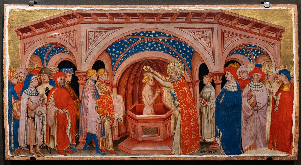Pave St. Sylvester døper Costantine i Laterano (tempera på panel) av Battista da Vicenza