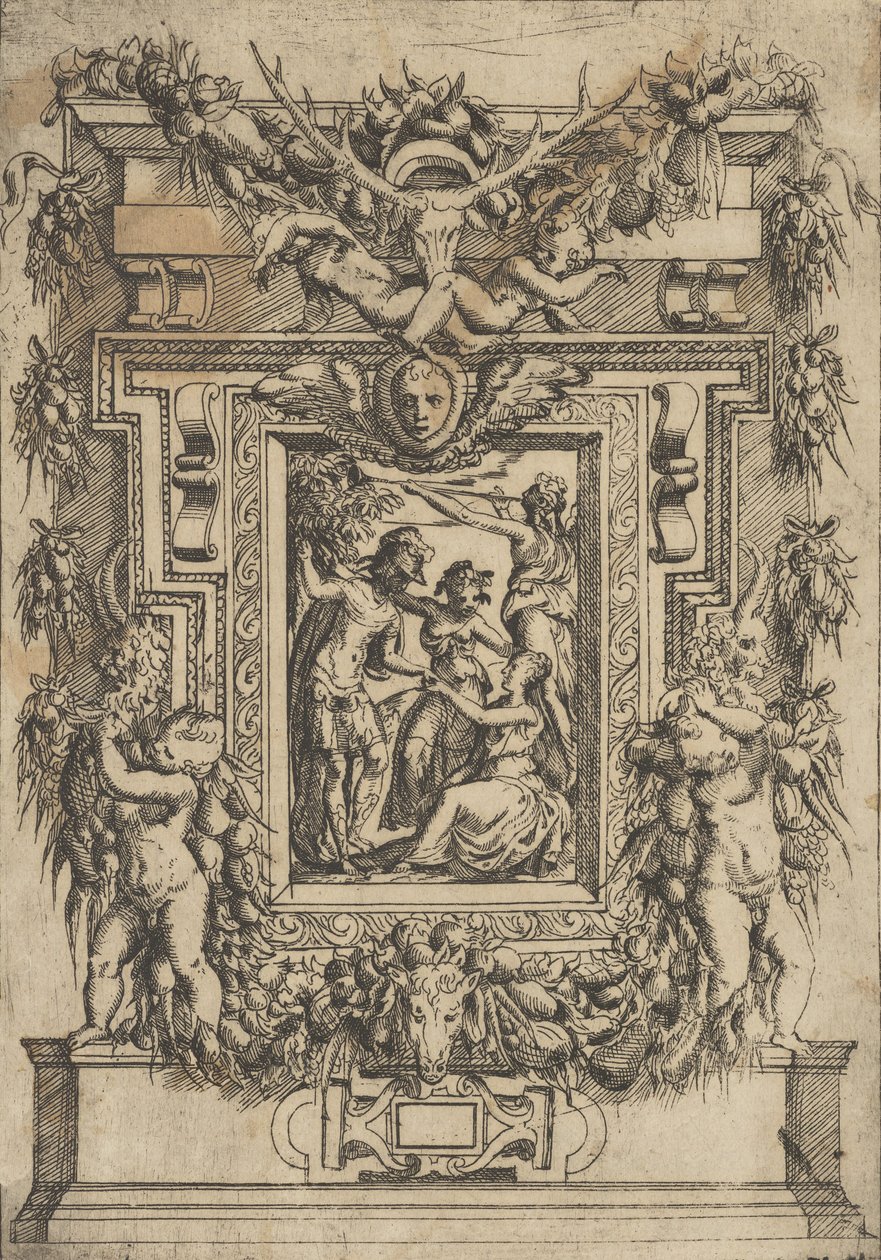 En ung mann rekker frem hånden til en sittende kvinne, en annen kvinne står mellom dem en..., ca. 1540-80. av Battista del Moro