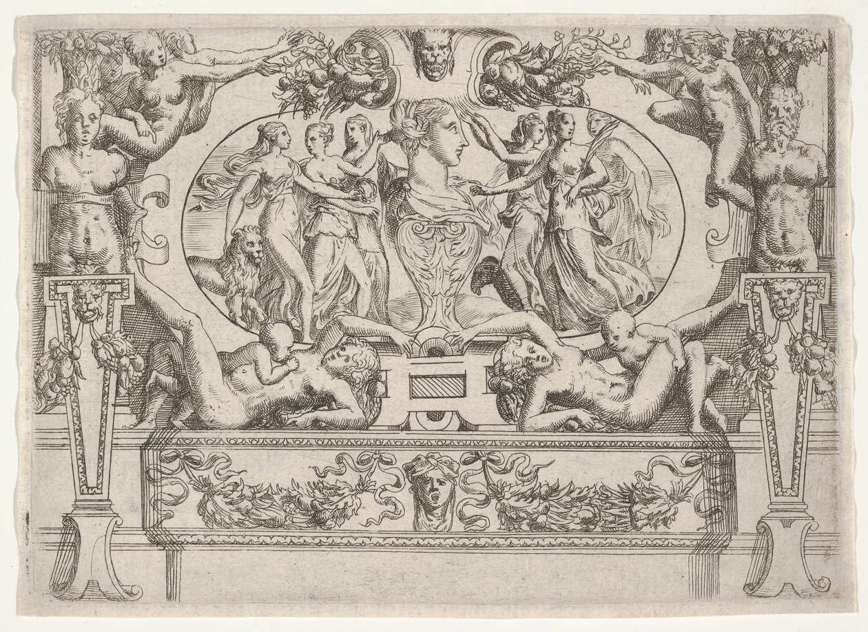 Byste av en kvinne flankert av tre kvinner på hver side, satt innenfor en forseggjort ramme, ca. 1540-80. av Battista del Moro