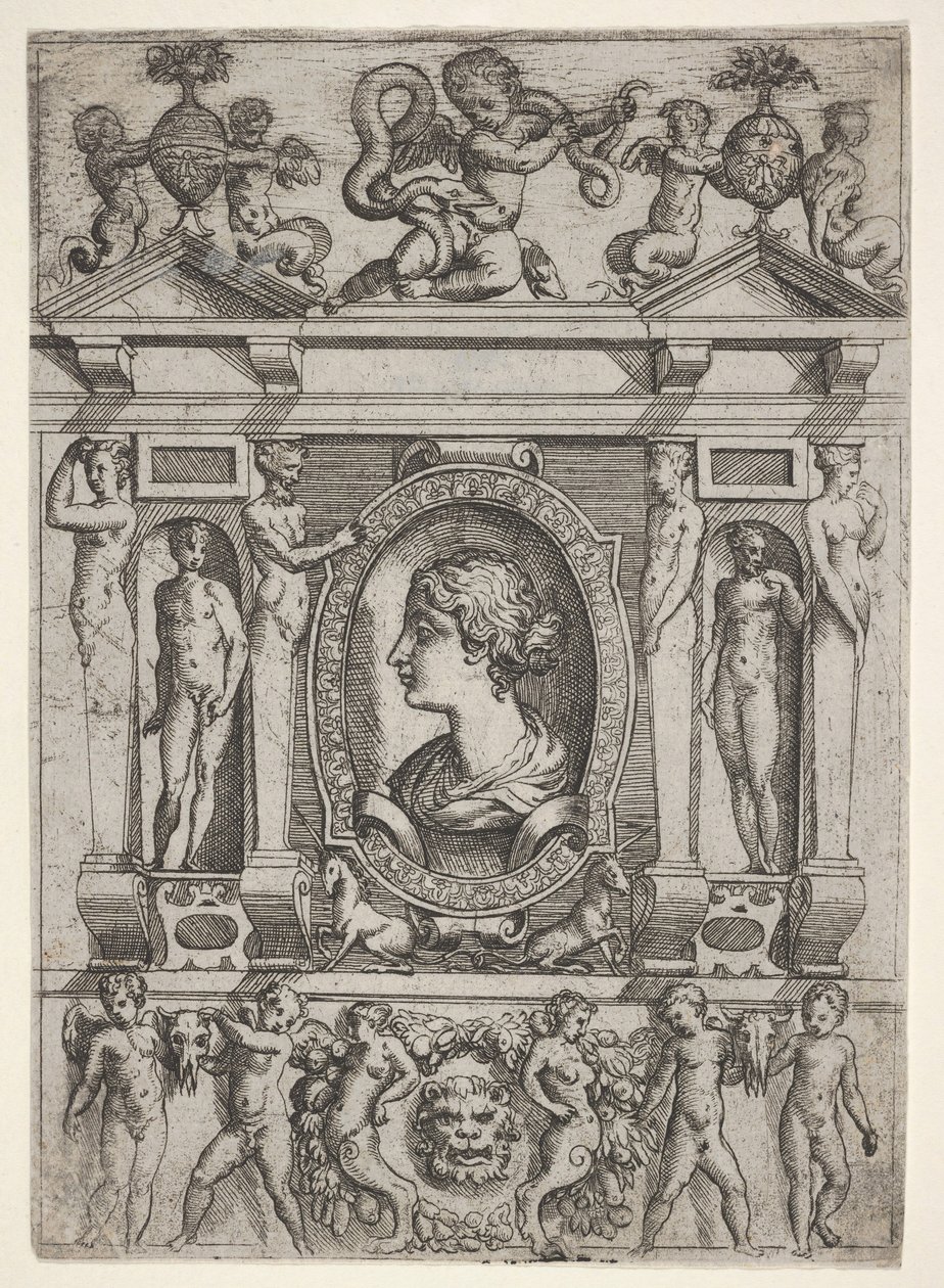 Byste av en kvinne i profil vendt mot venstre, satt i en forseggjort ramme med figurer i n..., ca. 1540-80. av Battista del Moro