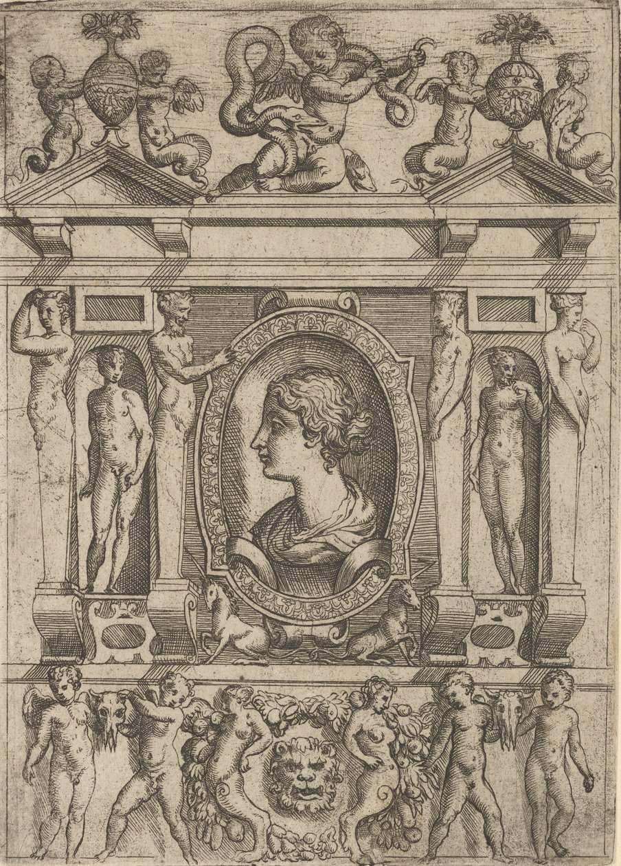 Byste av en kvinne i profil vendt mot venstre, satt i en forseggjort ramme med figurer i n..., ca. 1540-80. av Battista del Moro