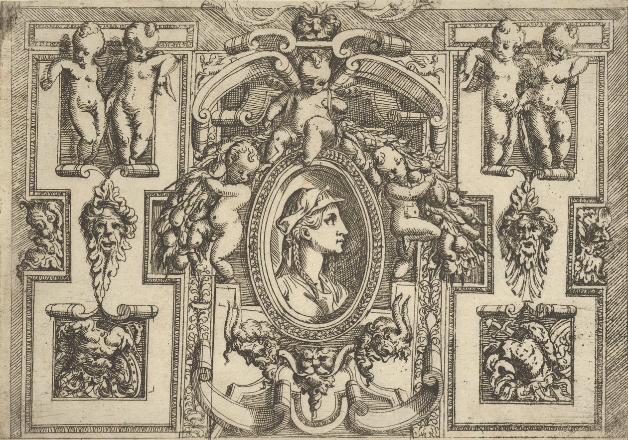Byste av en kvinne i profil mot høyre, satt innenfor en forseggjort ramme med putti, ..., ca. 1540-80. av Battista del Moro