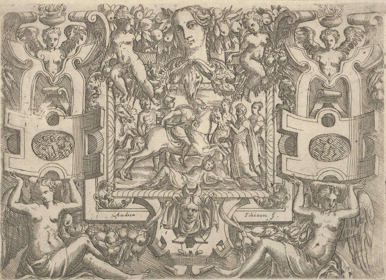 Figur på hesteryggen som holder et sverd og rir over en skikkelse som ligger på bakken, s..., ca. 1540-80. av Battista del Moro