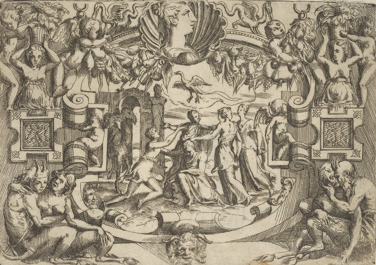 Fire kvinner rundt en sittende figur, en fugl over dem, satt i en forseggjort ..., ca. 1540-80. av Battista del Moro