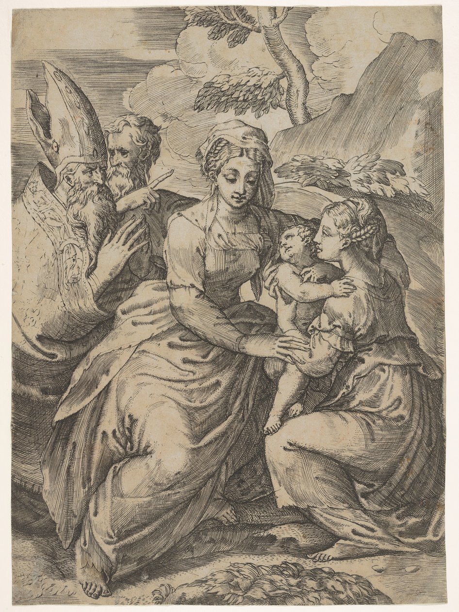 Madonna og barn med hellige etter Parmigianino. av Battista del Moro