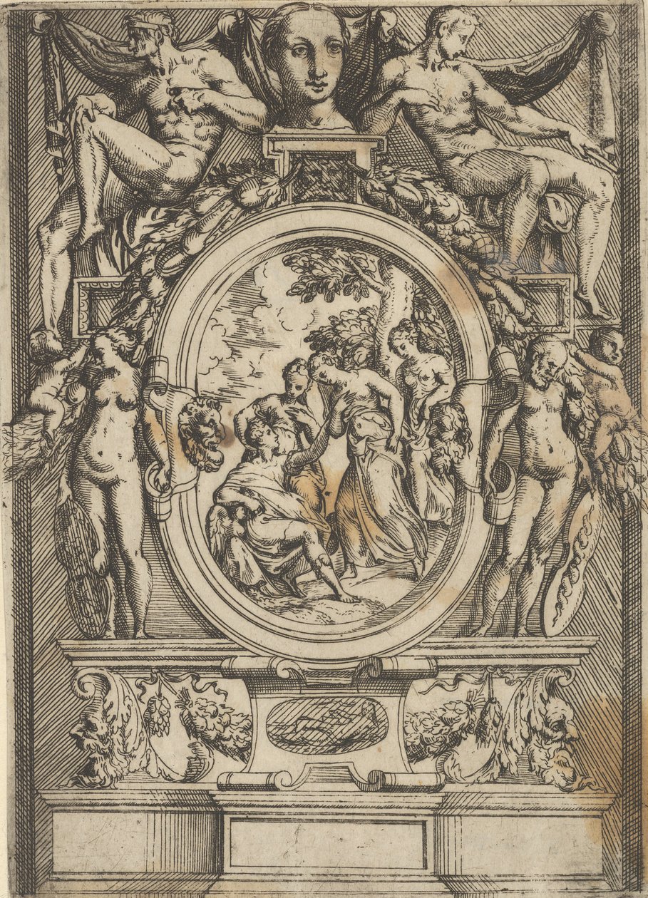 The Judgment of Paris, mann som sitter til venstre strekker seg ut til en kvinne som er flankert av ..., ca. 1540-80. av Battista del Moro