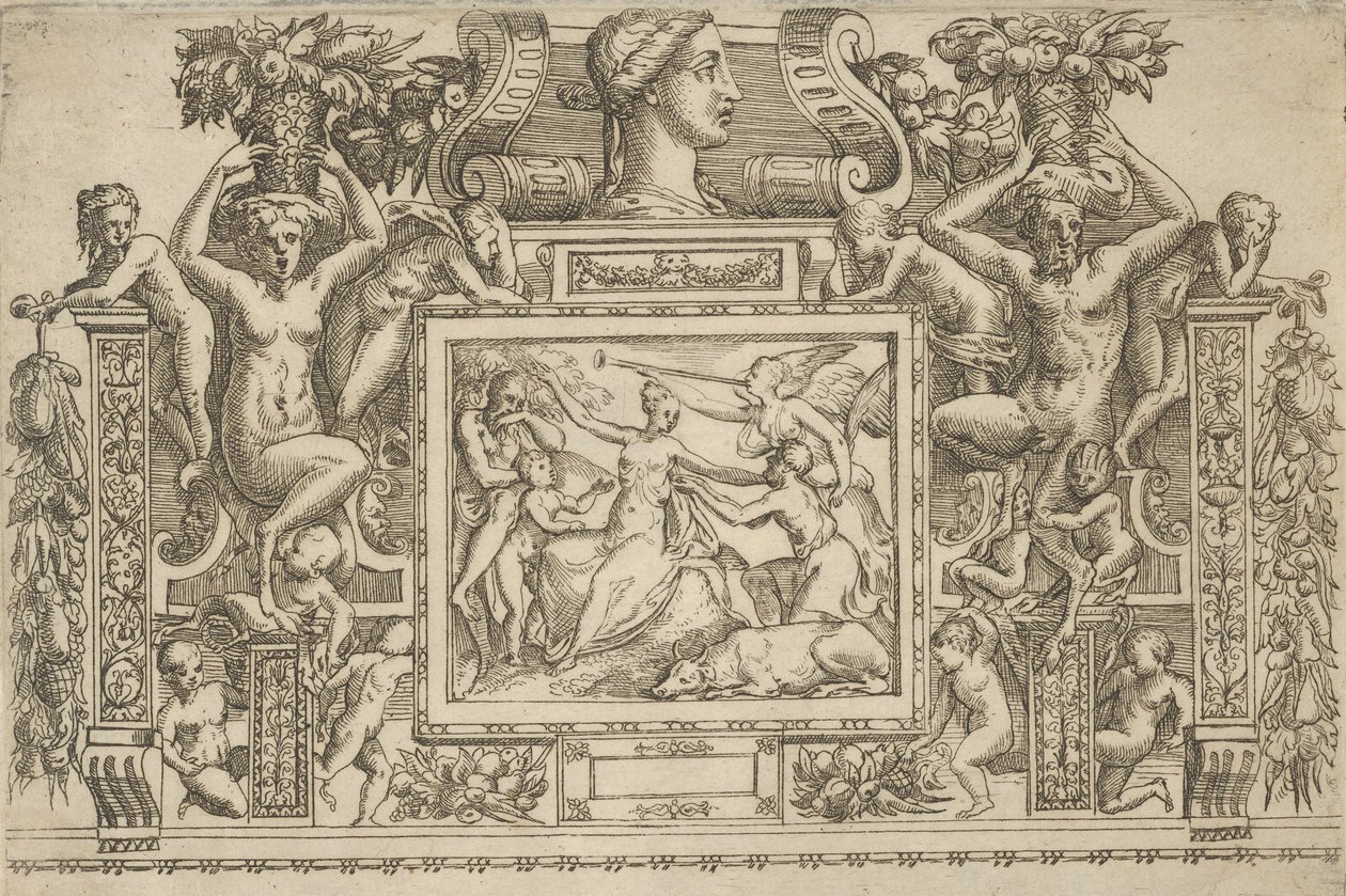 Kvinne sittende med armene utstrakt, personifisering av berømmelse med trompet til høyre,..., ca. 1540-80. av Battista del Moro